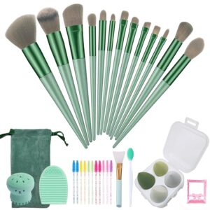 Muhuabeuaty 23 pcs Makeup Brushes Set with Beauty Blender, Foundation Brush Eyeshadow Concealers Powder Make Up Brushes, 4 Boxed Sponges for Professional Kits (Middle Size, Green)