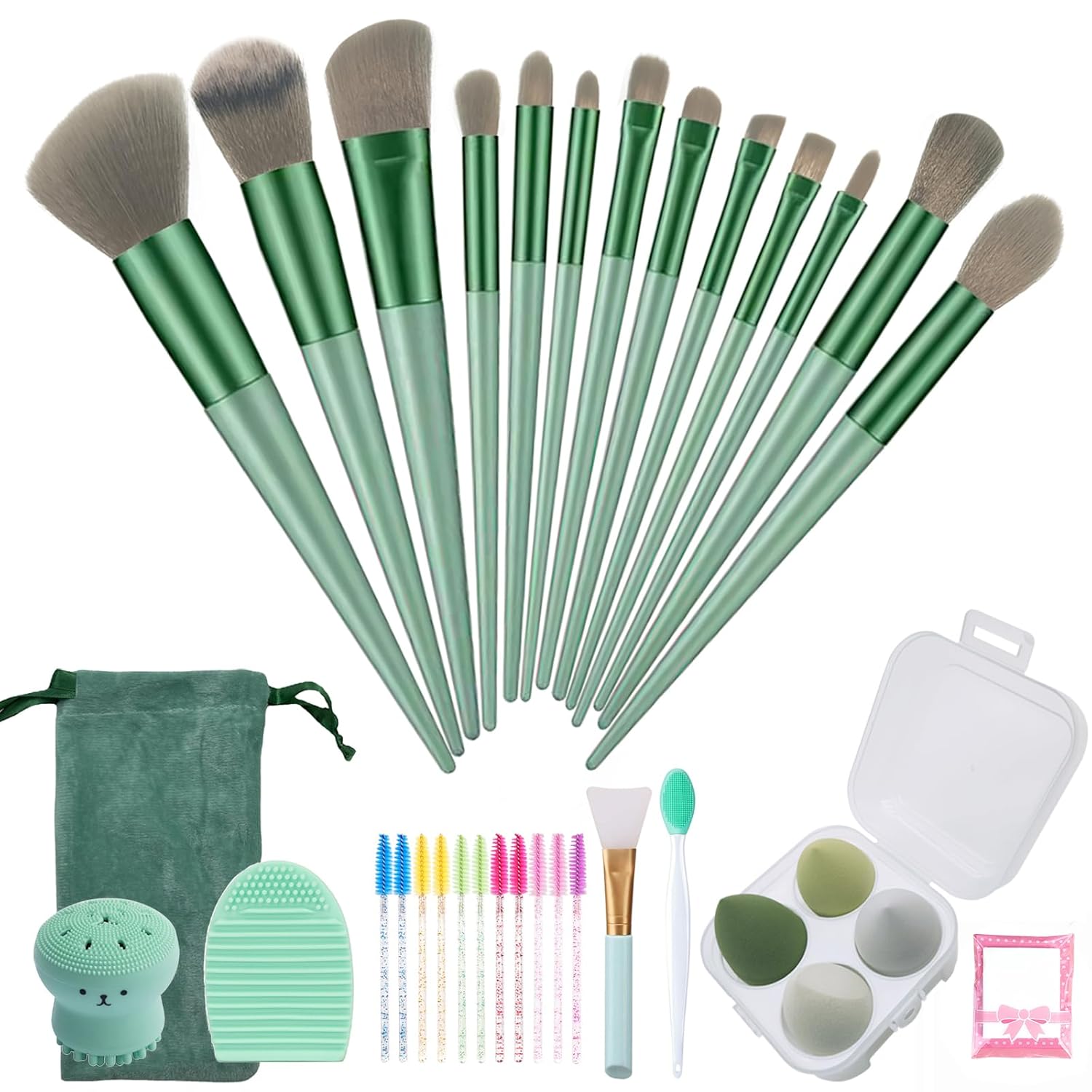 Muhuabeuaty 23 pcs Makeup Brushes Set with Beauty Blender, Foundation Brush Eyeshadow Concealers Powder Make Up Brushes, 4 Boxed Sponges for Professional Kits (Middle Size, Green)