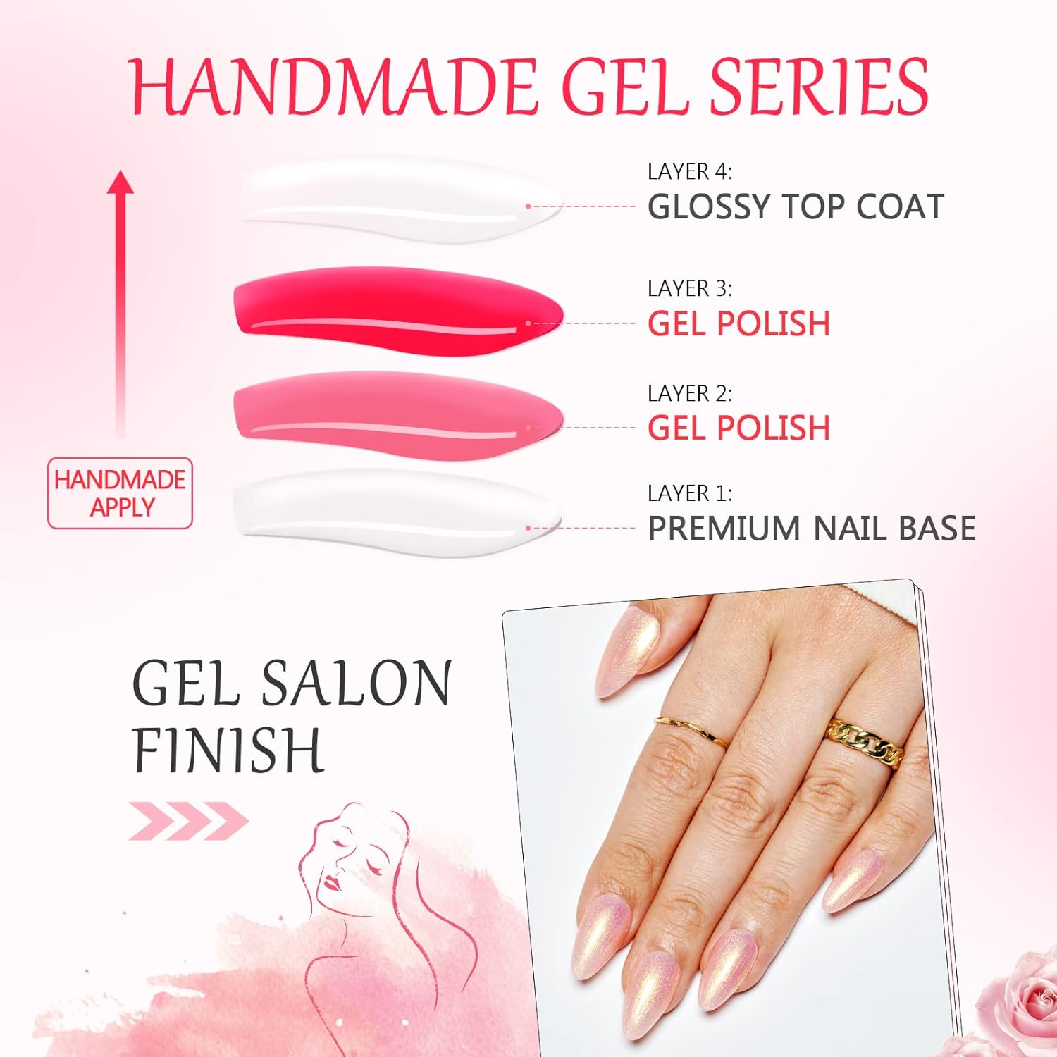 GLAMERMAID Medium Almond Glossy Gel Press on Nails Nude Pink Golden Glitter - Image 7