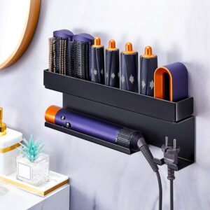 Blow Dryer Holder Wall Mounted Hair Straightener Holder, Blow Dryer and Curling Iron Holder for 7 in 1 Styler Attachments, Black Hair Dryer Holder, Bathroom Hair Tools Organizer and Storage