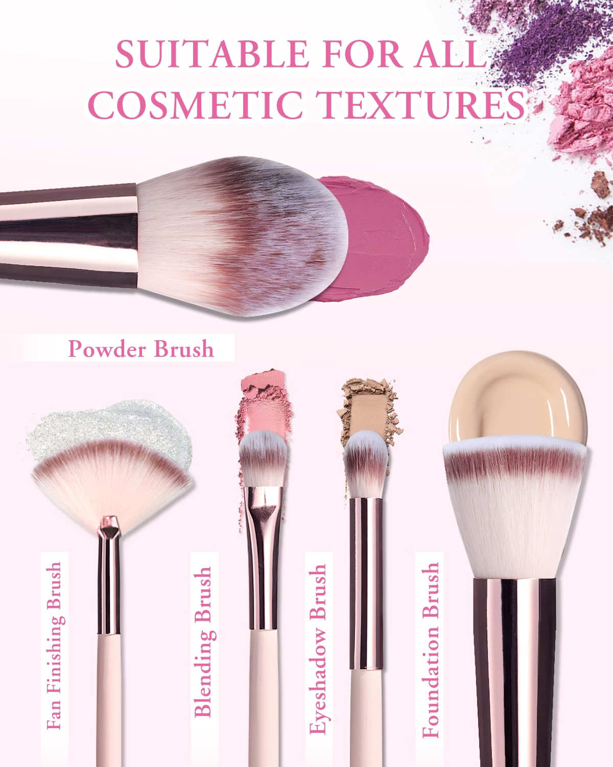 20 Piece Pink Travel Makeup Brush Set with LED Light Mirror and 2 Powder Puffs - Image 2