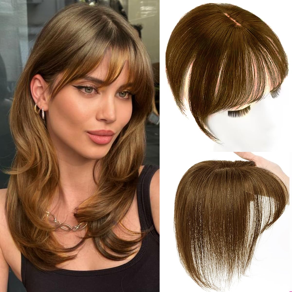 Hair Toppers for Women Real Human 360° 3D Cover Wispy Hair Topper with Bangs Clip in Bangs for Daily Wear Light Brown