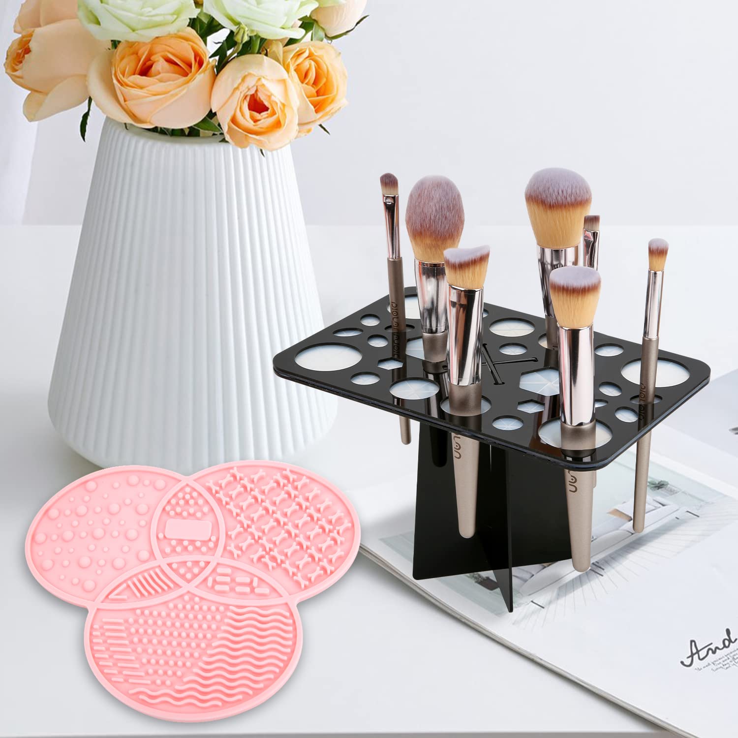 Silicone Makeup Brush Cleaning Mat and Drying Rack, 28 Holes, Clover Design, Black/Pink - Image 7