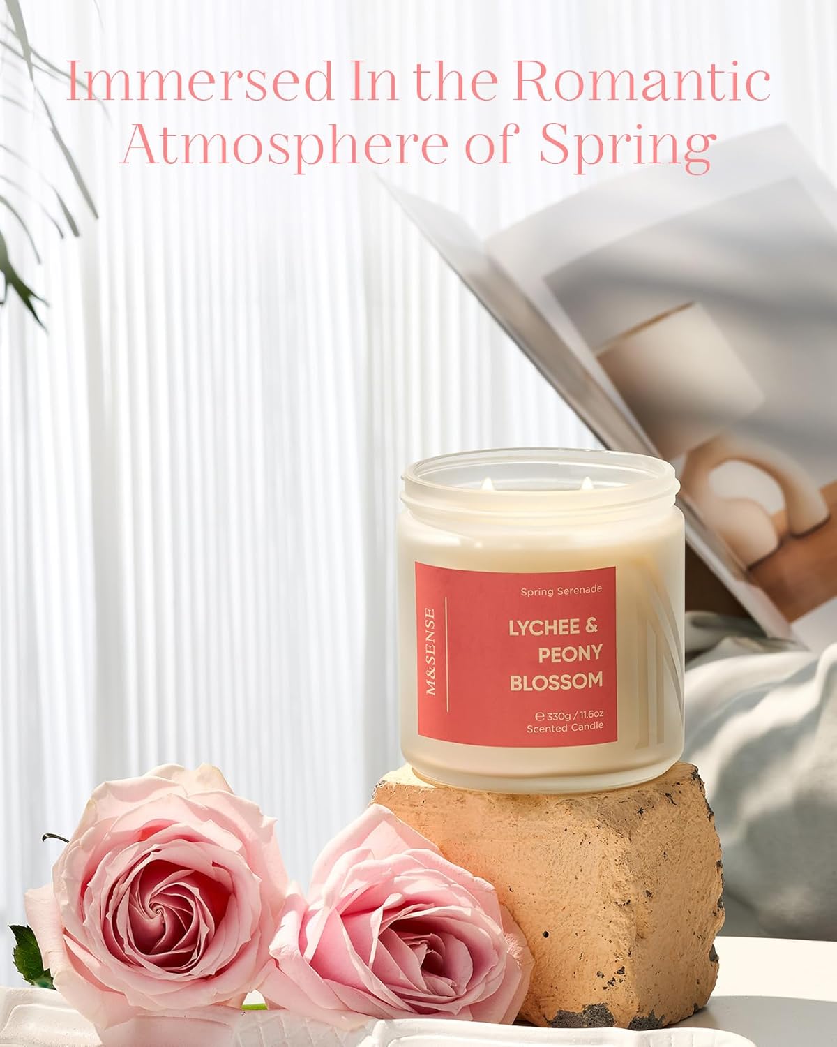 M&SENSE Lychee Peony Peach Scented Candle 11.6oz Natural Soy Wax 2-Wick for Relaxation - Image 5