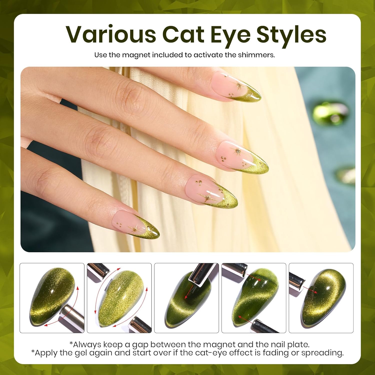 Beetles Olive Green Cat Eye Gel Nail Polish 15ML Holographic Glitter Magnetic Soak Off - Image 3