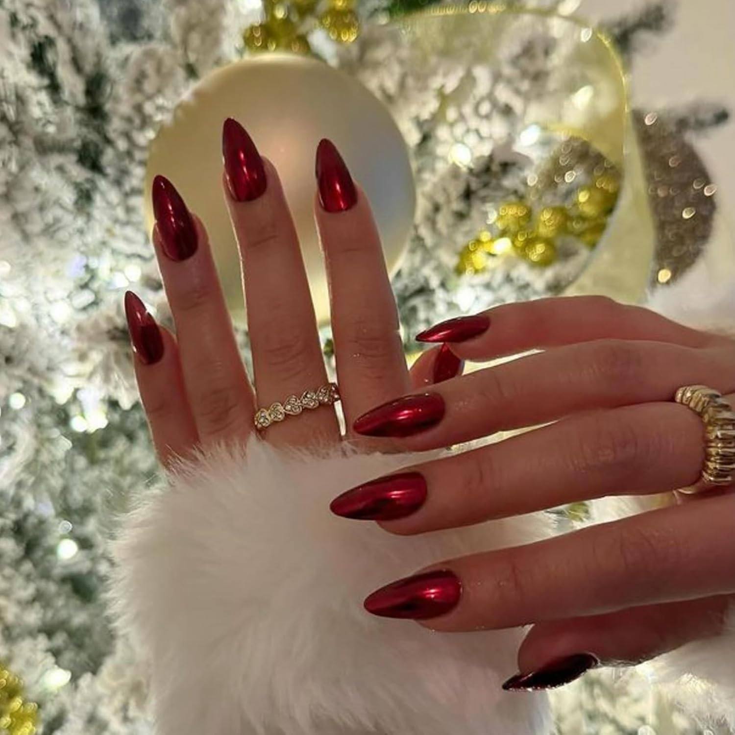 Mirror Red Almond Medium Press On Nails with Chrome Bling - Image 2