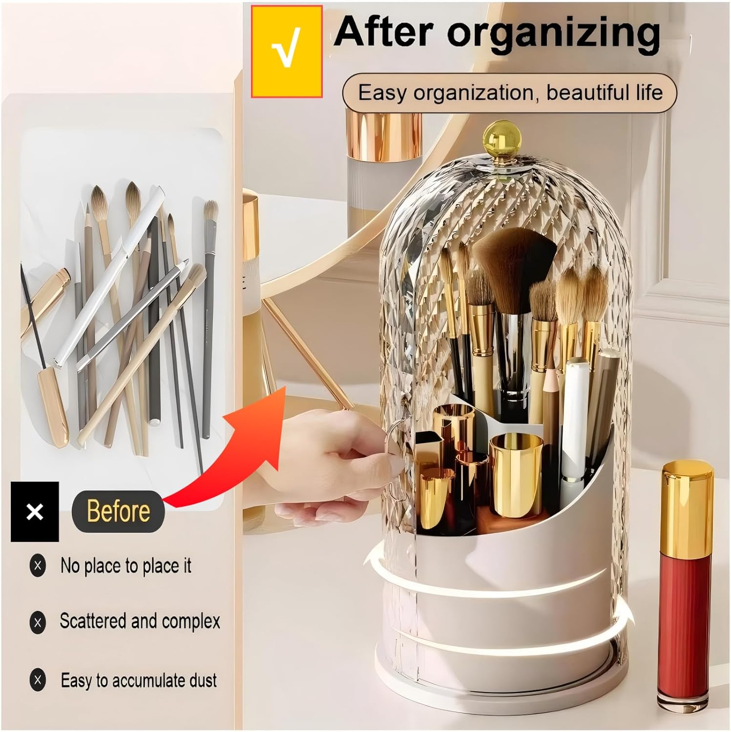 White 360 Rotating Makeup Brush Holder with Lid, Waterproof Vanity Storage Box - Image 6