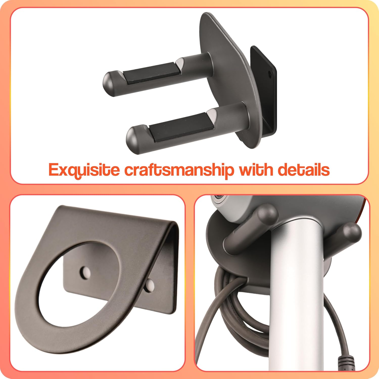 Dyson Hair Dryer Holder Gray Aluminum Self-Adhesive Stand with 3 Attachment Storage - Image 2