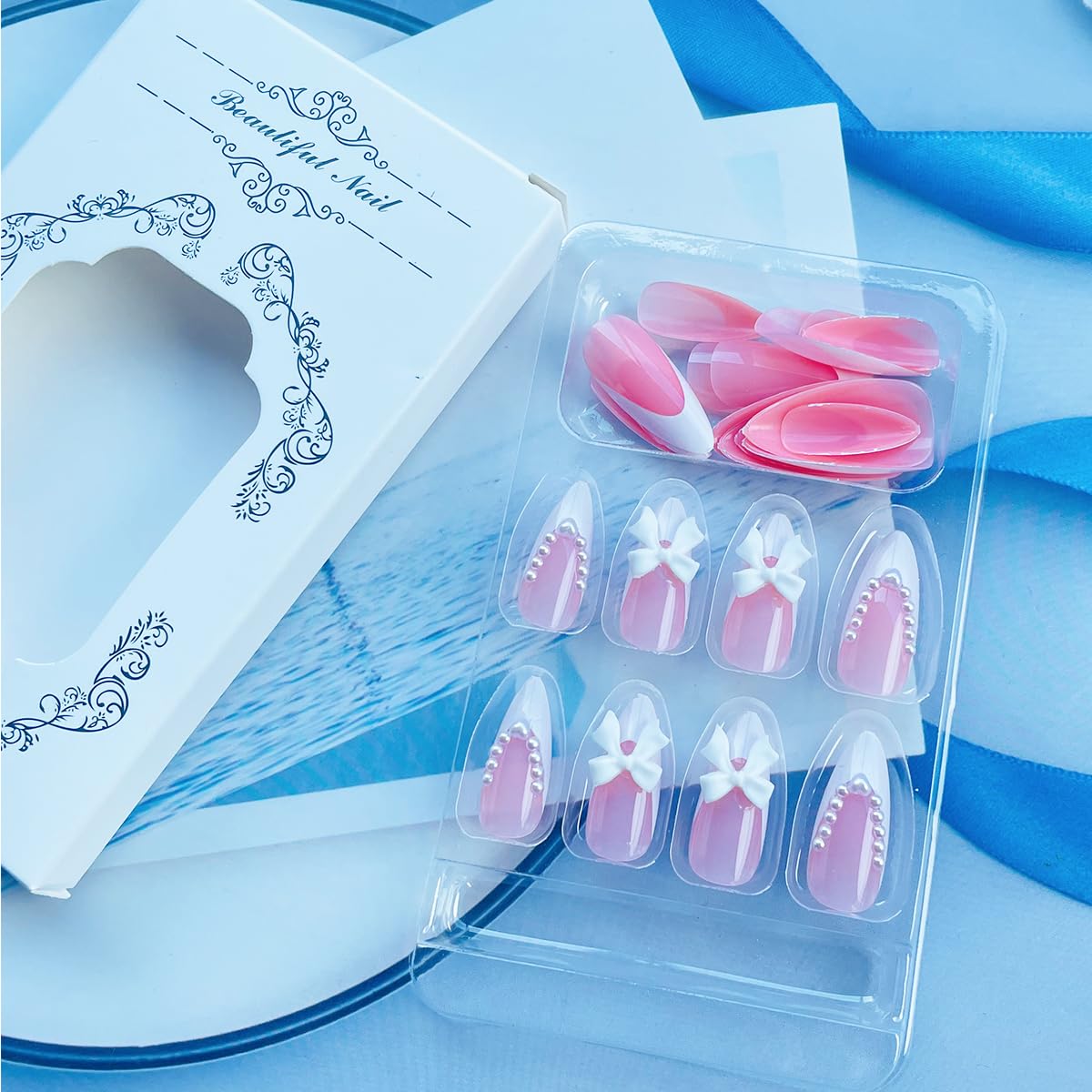 Medium Glossy Almond French Tip Pearl Bow Design Press on Nails 24 Count - Image 5