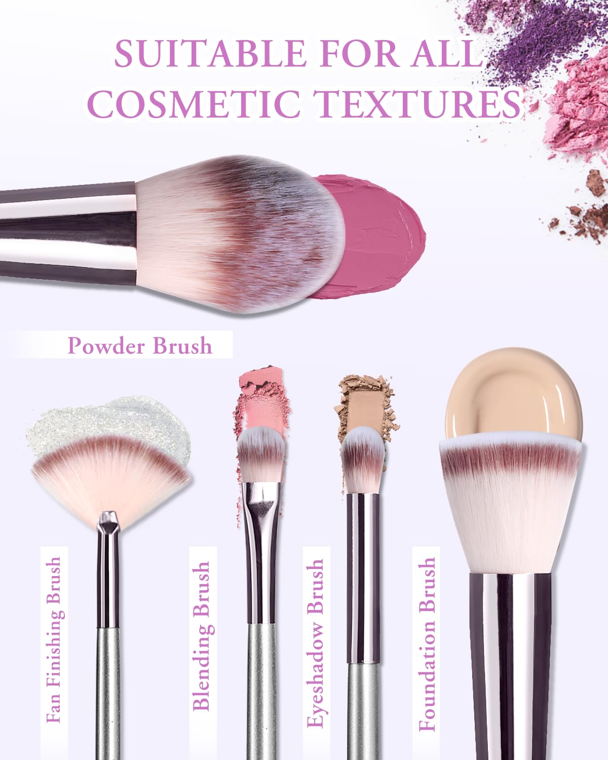 20 Piece Champagne Travel Makeup Brush Set with LED Mirror and 2 Powder Puffs - Image 3