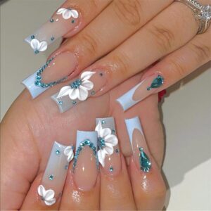 SINHOT Press on Nails - Long Square Acrylic Nails with 3D Flower Design, Glossy Blue Gradient, Luxury Rhinestones, 24 pcs