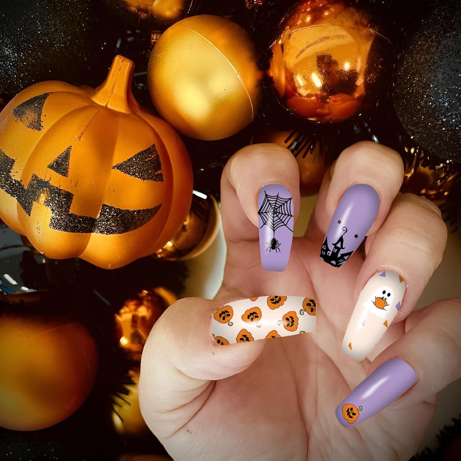 12 Sheets Halloween Nail Wraps Stickers with Glitter Patterns and 2 Nail Files for DIY Decor - Image 4