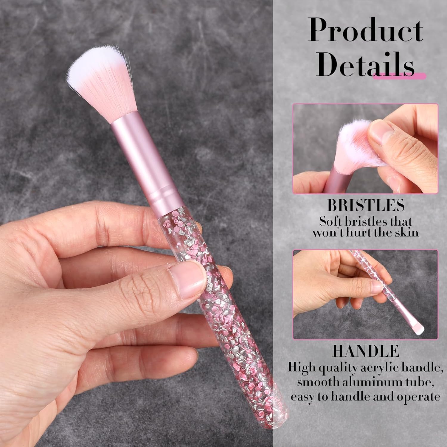 7 Piece Cute Pink Makeup Brush Set with Sequins Handle for Foundation, Blush, and Eyeshadow - Image 3