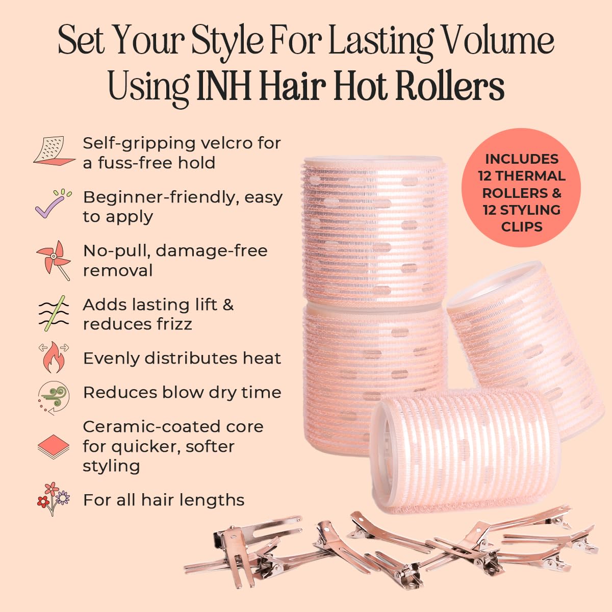 INH 12pc Self Grip Ceramic Hair Rollers Set with Clips for 90s Blowout Medium Size - Image 4
