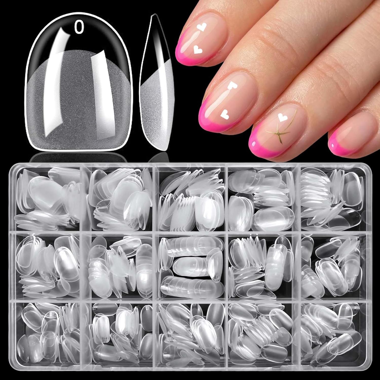 LoveOurHome 360pc Extra Short Oval Nail Tips Clear Fake Nails XS Round Almond Gel Nail Tips Full Cover Acrylic Nails Clear Press on Nails Short Oval 15 Sizes False Fingernail for Gel Nail Extension