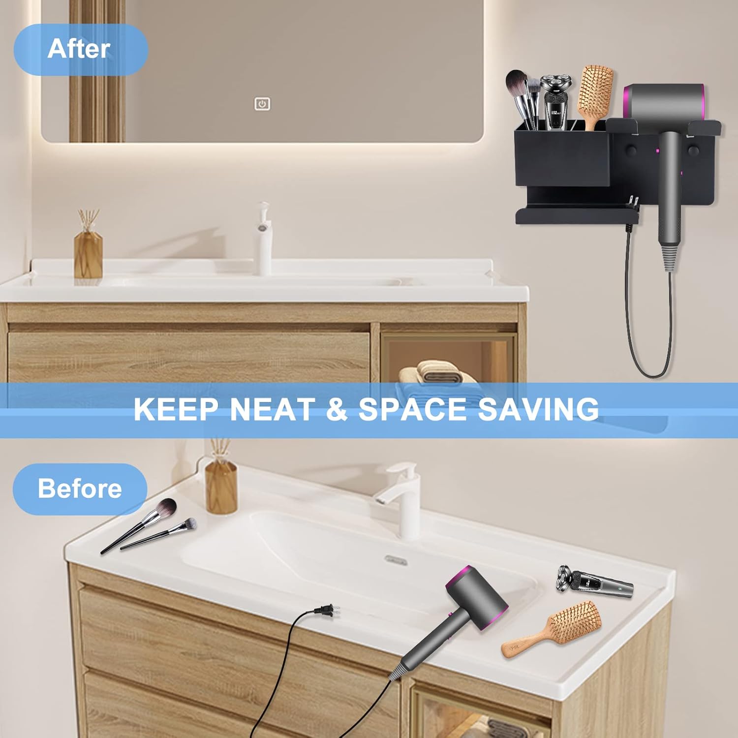 SHAIDOJIO Aluminum Alloy Wall Mount Blow Dryer Holder with Plug Hook organizer - Image 6