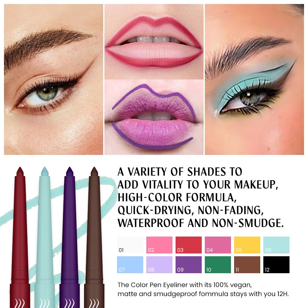12Pcs Waterproof Colored Matte Gel Eyeliner Pencils Set for Women in Various Colors - Image 3