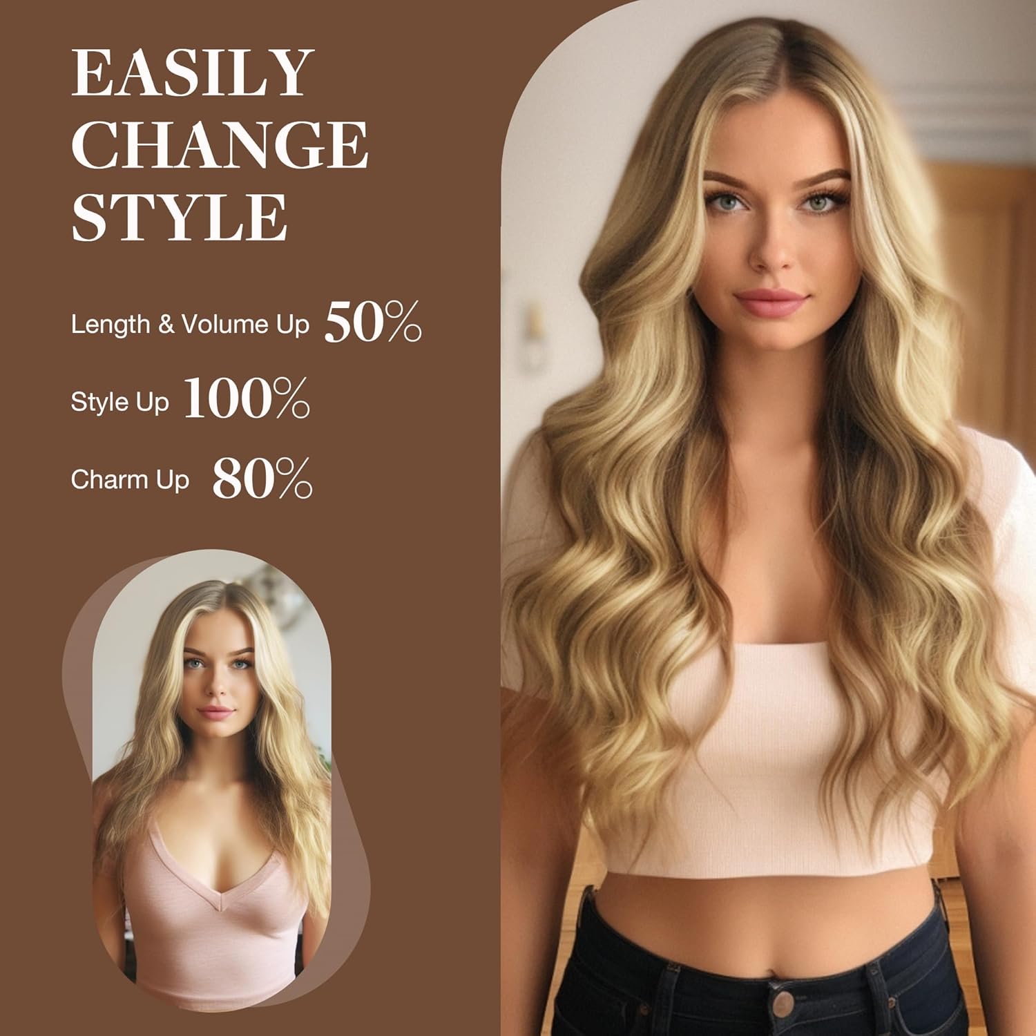 GOO GOO 12 Inch Invisible Wire Hair Extensions, 70g Human Hair in Light Blonde with Golden Highlights - Image 6