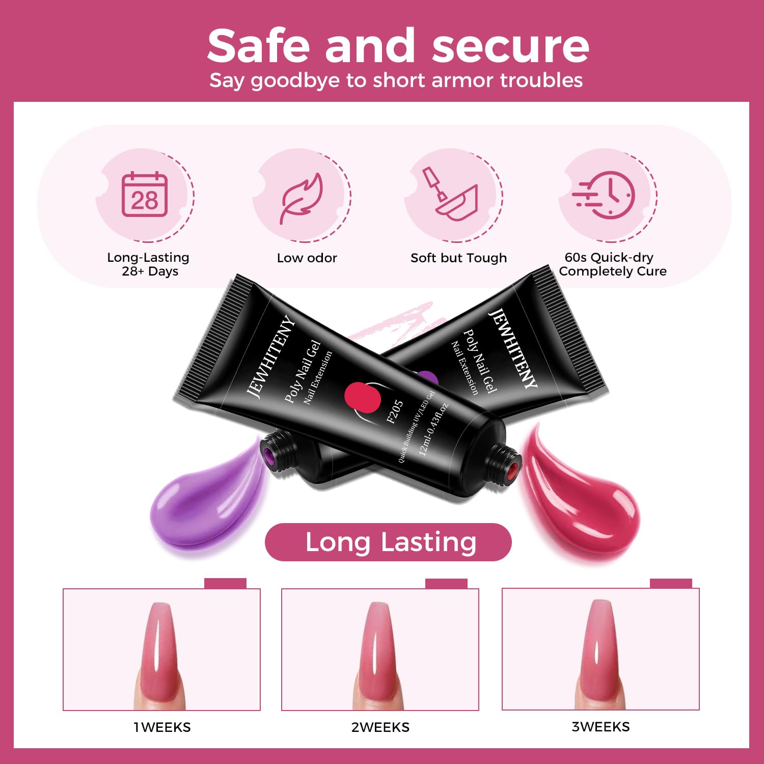 JEWHITENY 28 Color Poly Nail Gel Kit with Base and Top Coat for DIY Nail Art - Image 4