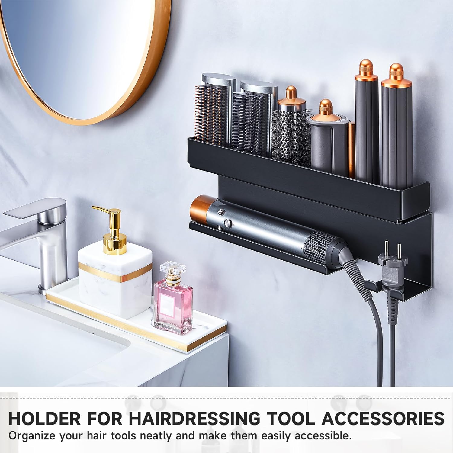 Black Wall-Mounted Hair Tool Organizer for Curling Iron and Hair Dryer Accessories - Image 2