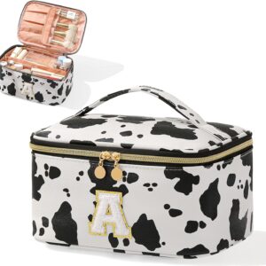 Personalized Monogram Makeup Bag with Dividers - Cow Print Travel Toiletry Organizer for Women | Waterproof Cosmetic Pouch with Brush Holder & Handle (9.8x6.7x5.1in)