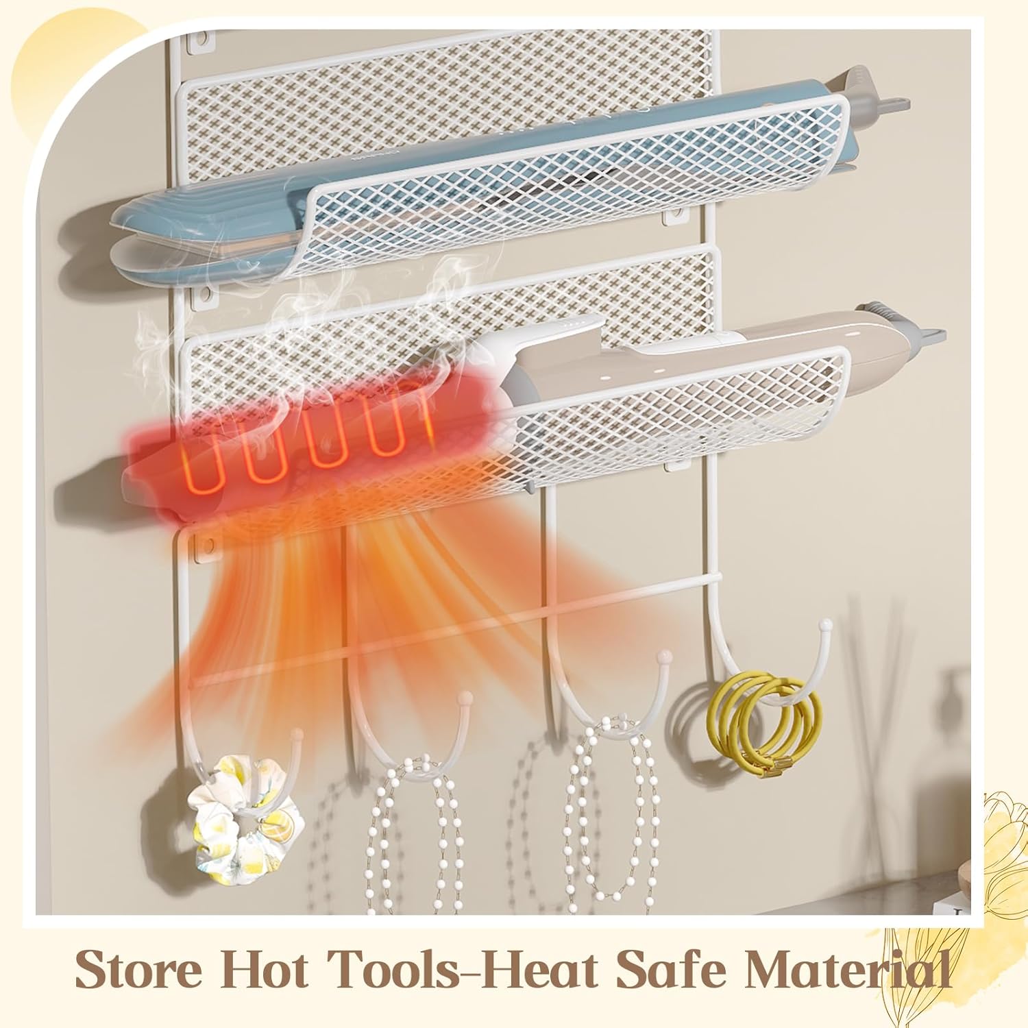 Wall-Mounted Hair Dryer Holder Organizer with 4 Shelves and Hooks for Styling Tools - Image 2