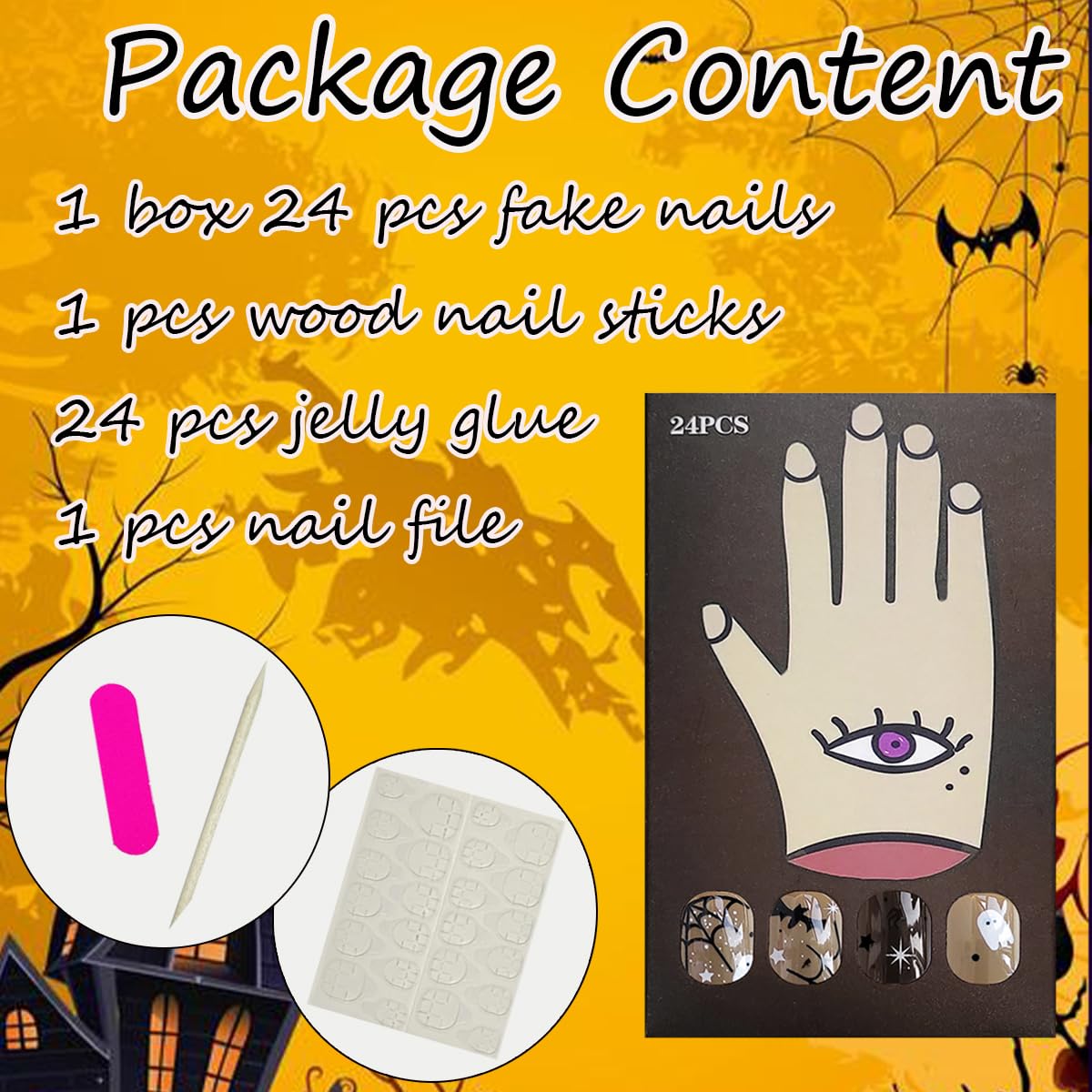 24 Piece Short Halloween Press-On Fake Nails Set with Ghost, Bat, Spider Web Designs - Image 6