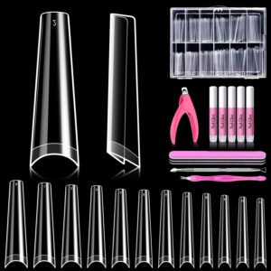 MORGLES 240 Pcs Half Cover Coffin Nail Tips Clear Acrylic Extra Long False Nail Tips with Glue, Clipper, Files and Cuticle Fork for Salons and Home DIY