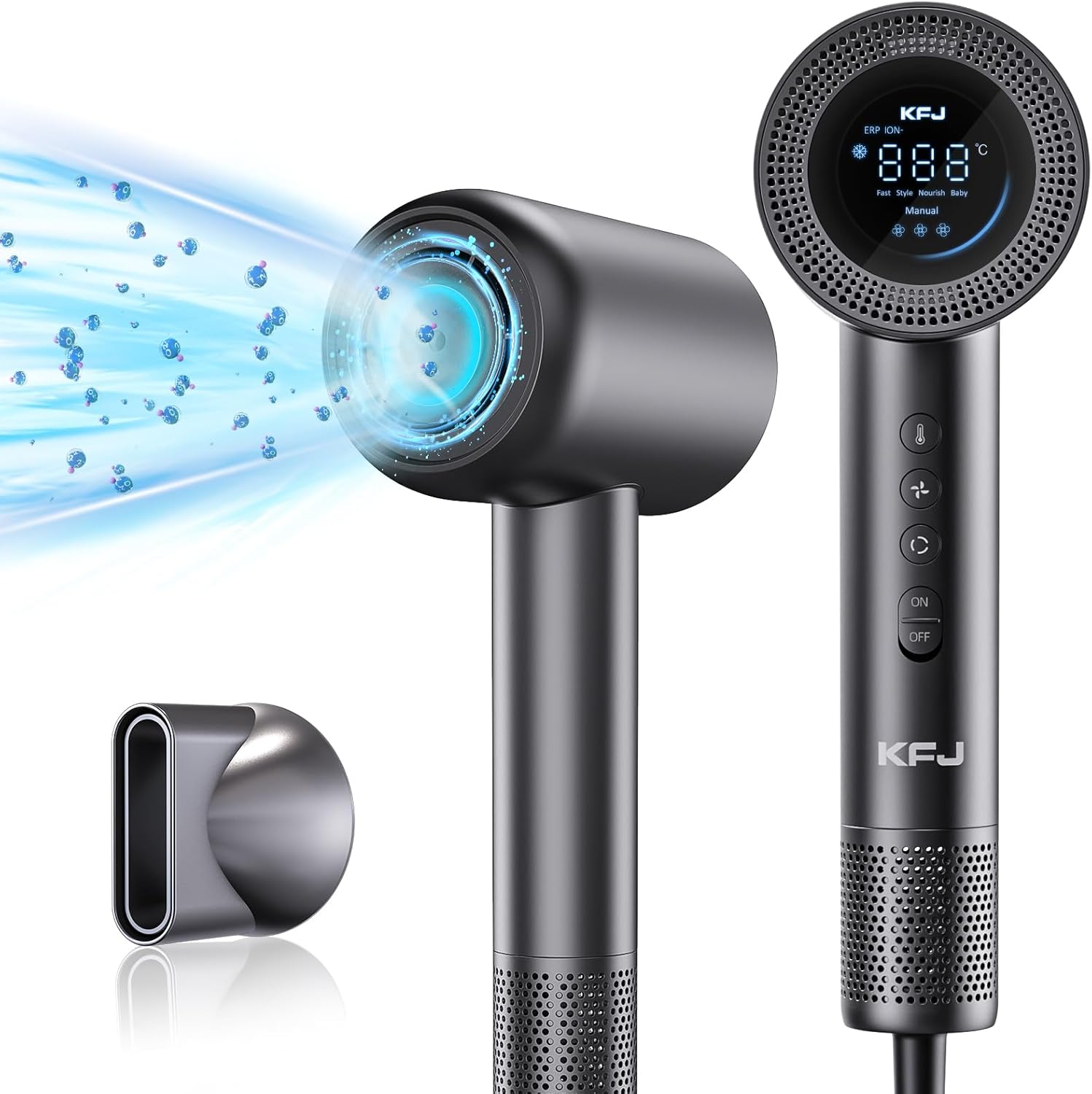 KFJ High Speed Hair Dryer, Ionic Blow Dryer with 110000 RPM Brushless Motor for Fast Drying, HD Display Hair Dryer Low Noise Hairdryer with Thermal-Control for Home/Travel