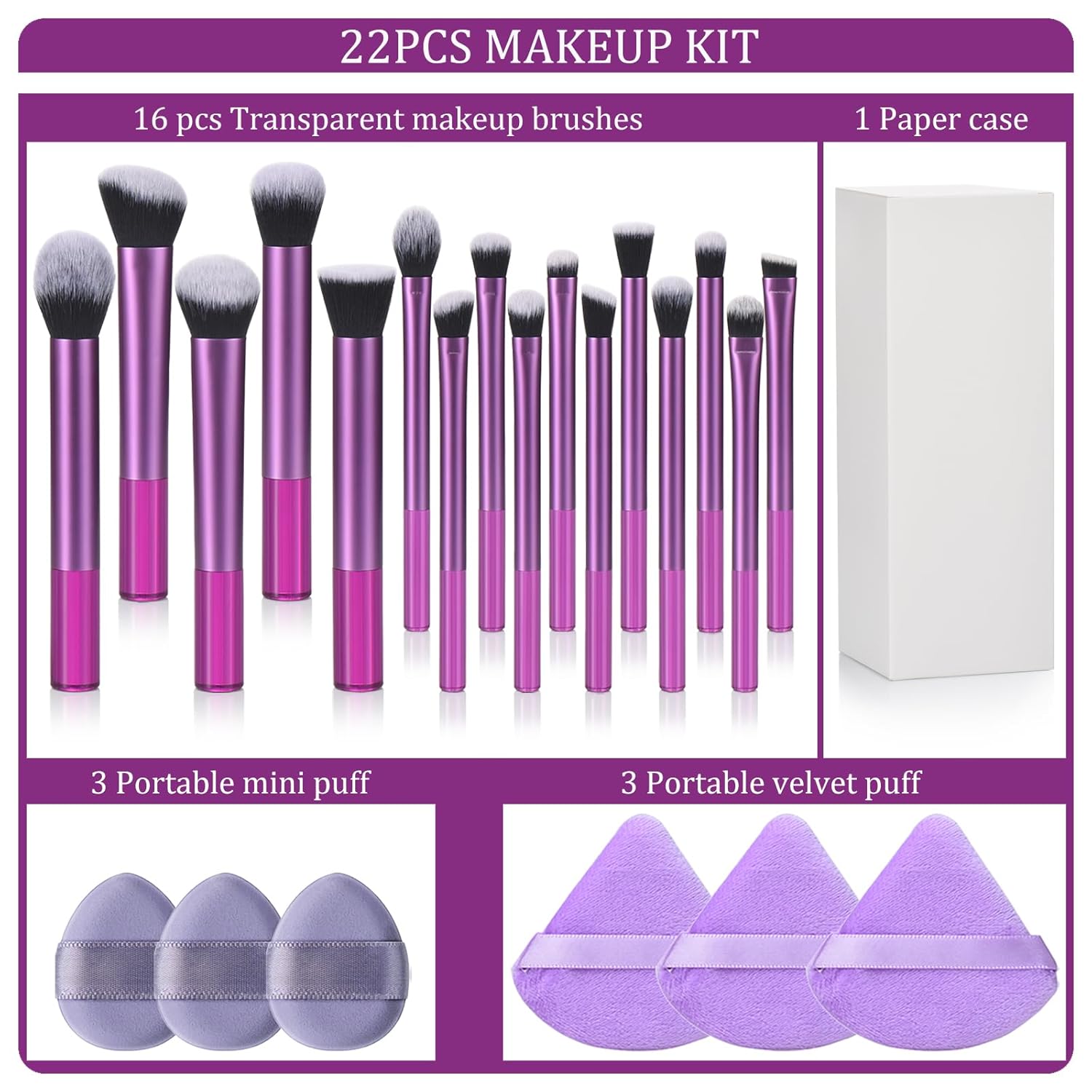22 Piece Purple Makeup Brush Set with Case, Soft Synthetic Hair for Foundation and Eyeshadow - Image 7