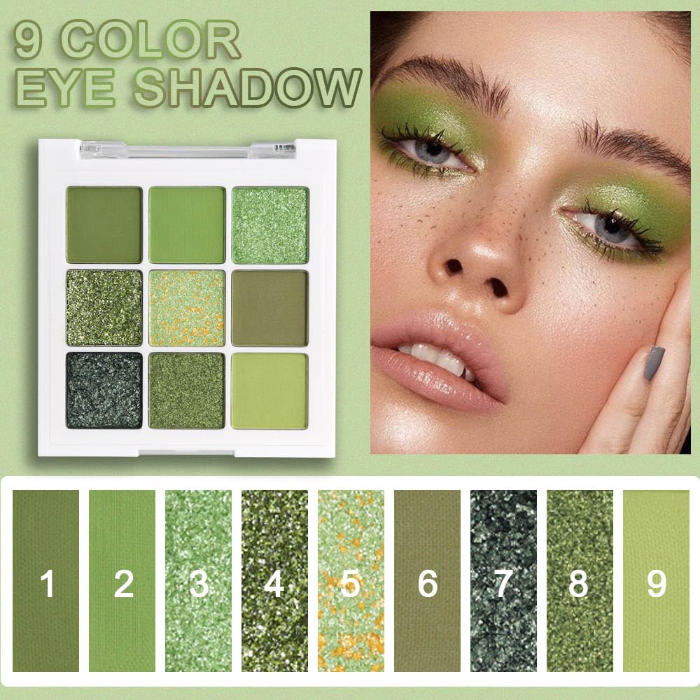 AMY'S DIARY 9-Color Light Bright Green Shimmer Glitter Eye Shadow Palette - Image 2