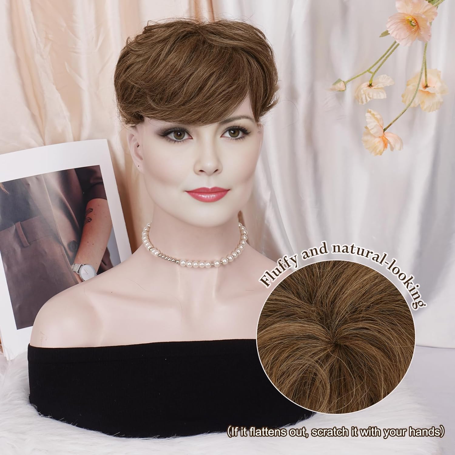 RUWISS Real Human Hair Short Curly Topper 5x5.5 Base Pixie Cut with Bangs Gray White Tips - Image 5