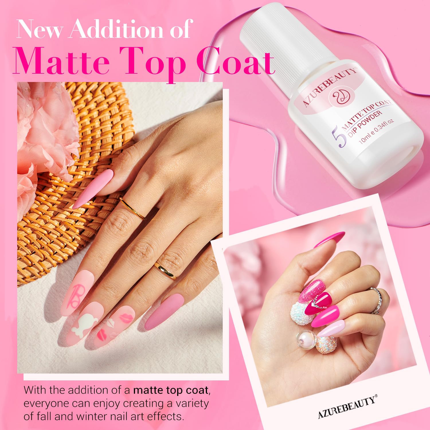 Azurebeauty 8 Hot Pink Glitter Colors Dip Powder Nail Starter Kit Matte Top Coat - Image 3