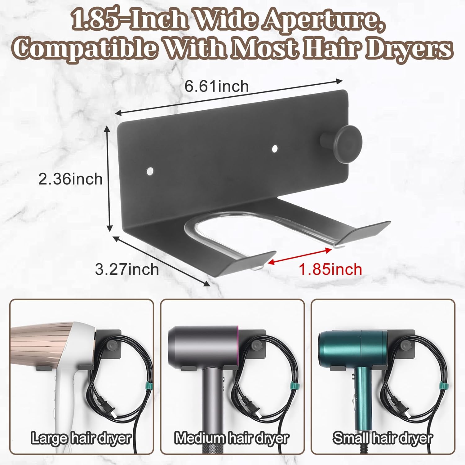 Hair Dryer Holder Wall Mounted, Self Adhesive Stainless Steel Hairdryer Holder for Bathroom No-Nail Adhesive, Enlarged 1.85-Inch Aperture Compatible with Dyson Blow Dryer Fits Most Hairdryer,Sliver - Image 2
