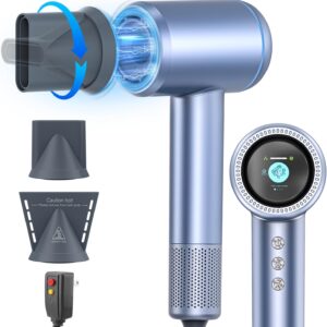AOMEES Hair Dryer, 1600W Professional High Speed Ionic Hair Dryer with HD Display, 4 Temperature Modes and 3 Speed with Memory Function, Sky Blue, Metal