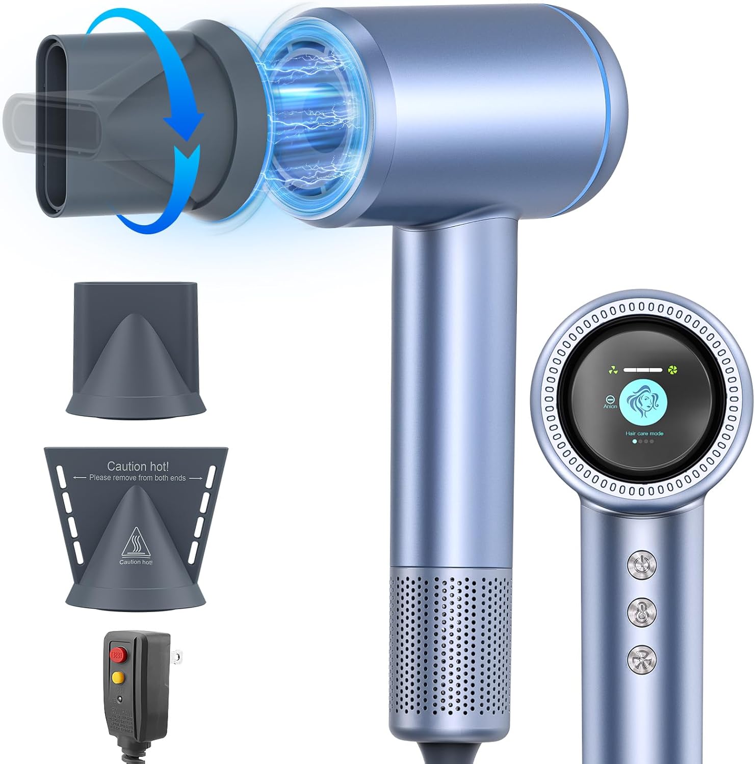 AOMEES Hair Dryer, 1600W Professional High Speed Ionic Hair Dryer with HD Display, 4 Temperature Modes and 3 Speed with Memory Function, Sky Blue, Metal