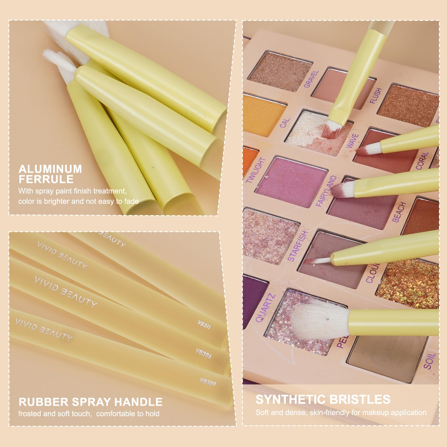 5pc Yellow Eye Makeup Brush Set Soft Fiber Rubber Handles - Image 3