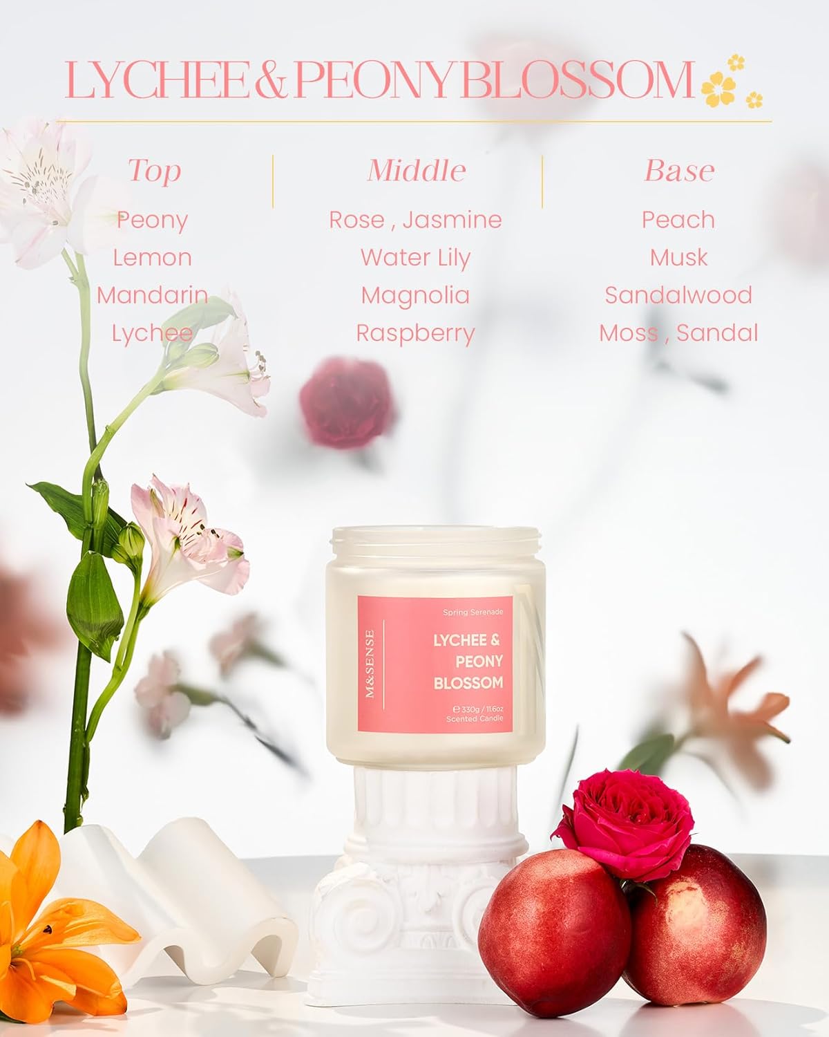 M&SENSE Lychee Peony Peach Scented Candle 11.6oz Natural Soy Wax 2-Wick for Relaxation - Image 2