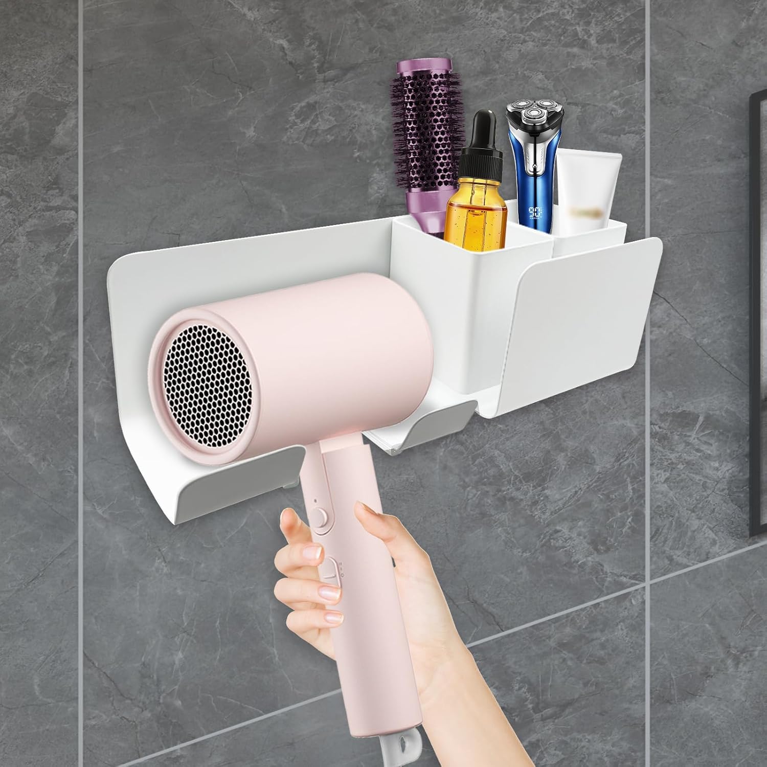 White Wall Mount Hair Dryer Holder Organizer for Bathroom Hair Tools Accessory Hanger - Image 8
