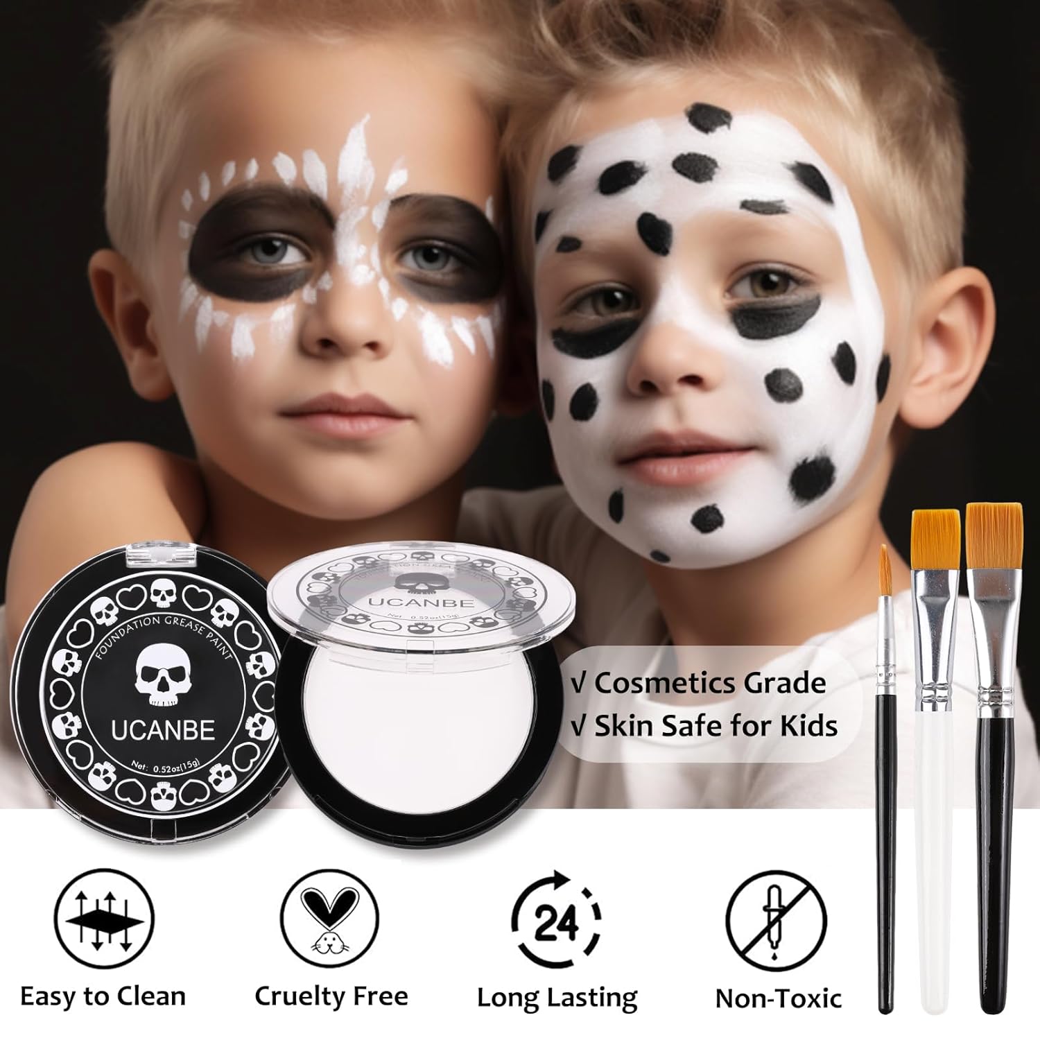 UCANBE 12-Color Black & White Face and Body Paint Cream Foundation Kit with Brush for Cosplay Halloween - Image 6