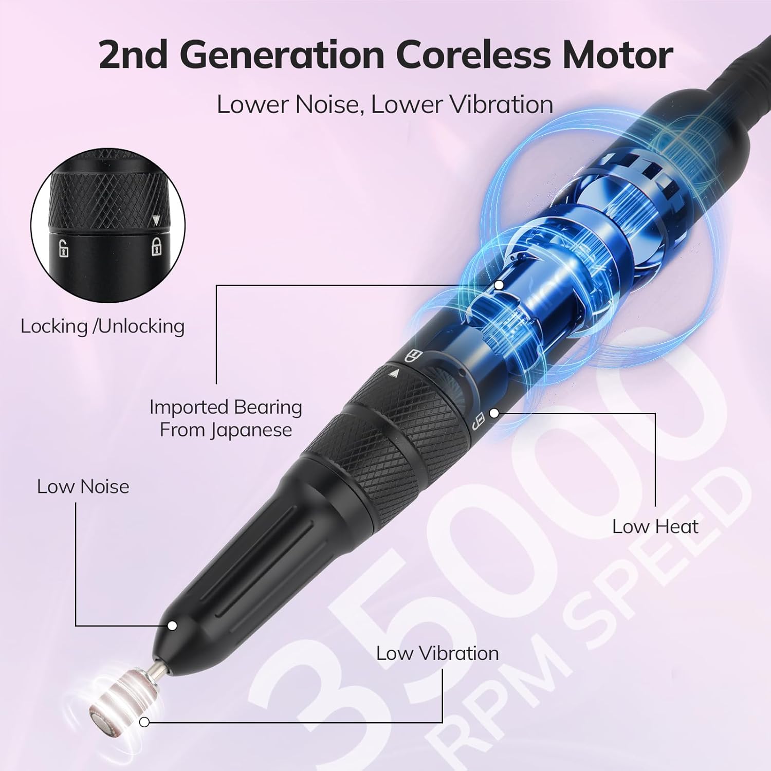 Lavinda 35000RPM Rechargeable Cordless Black Electric Nail Drill Machine for Acrylic Gel Nails - Image 2