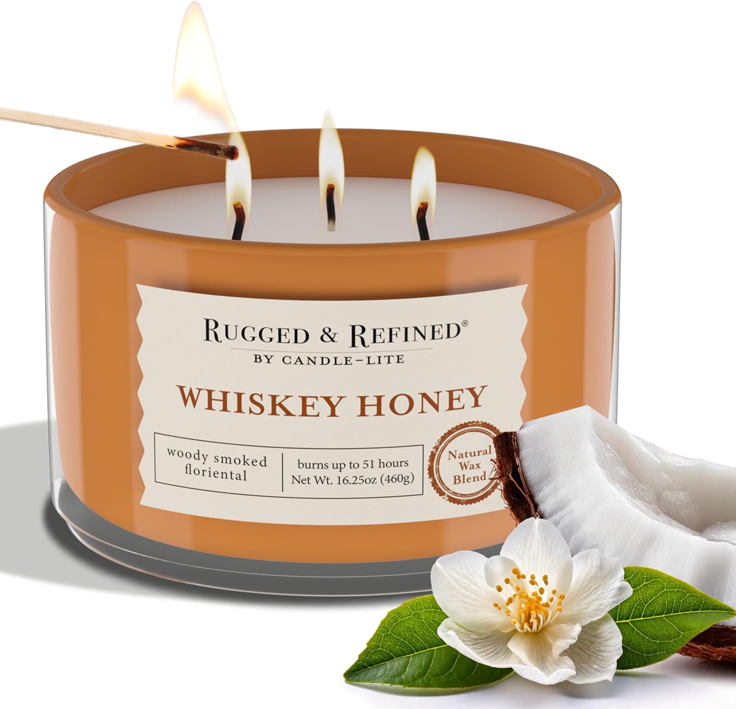Candle-Lite Scented Candles for Men, Whiskey Honey Fragrance, 16.25 oz Jar, 3-Wick, 51 Hours of Burn Time, Masculine Aromatherapy with Long Lasting Scent, Ideal Gift for Father's Day and Home Decor