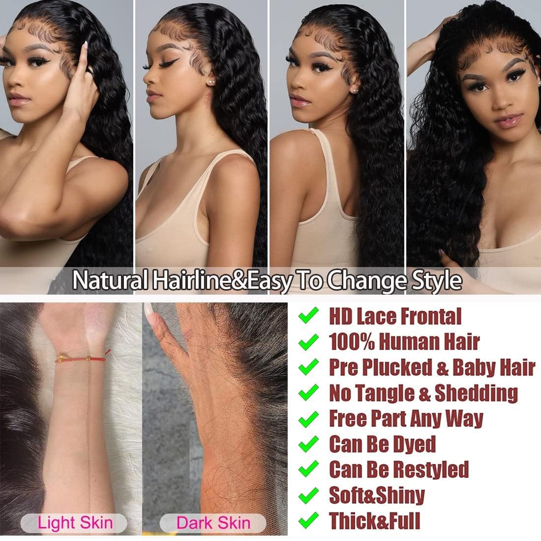 26 Inch 13x6 Deep Wave Lace Front Wig 200 Density HD Transparent Black - Image 6