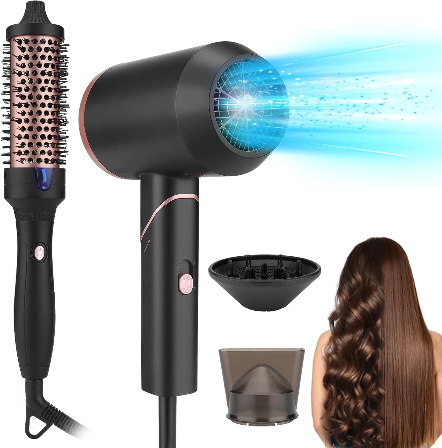 Ionic 1800W 2-in-1 Foldable Hair Dryer Brush Set with Diffuser and Nozzle - Image 8