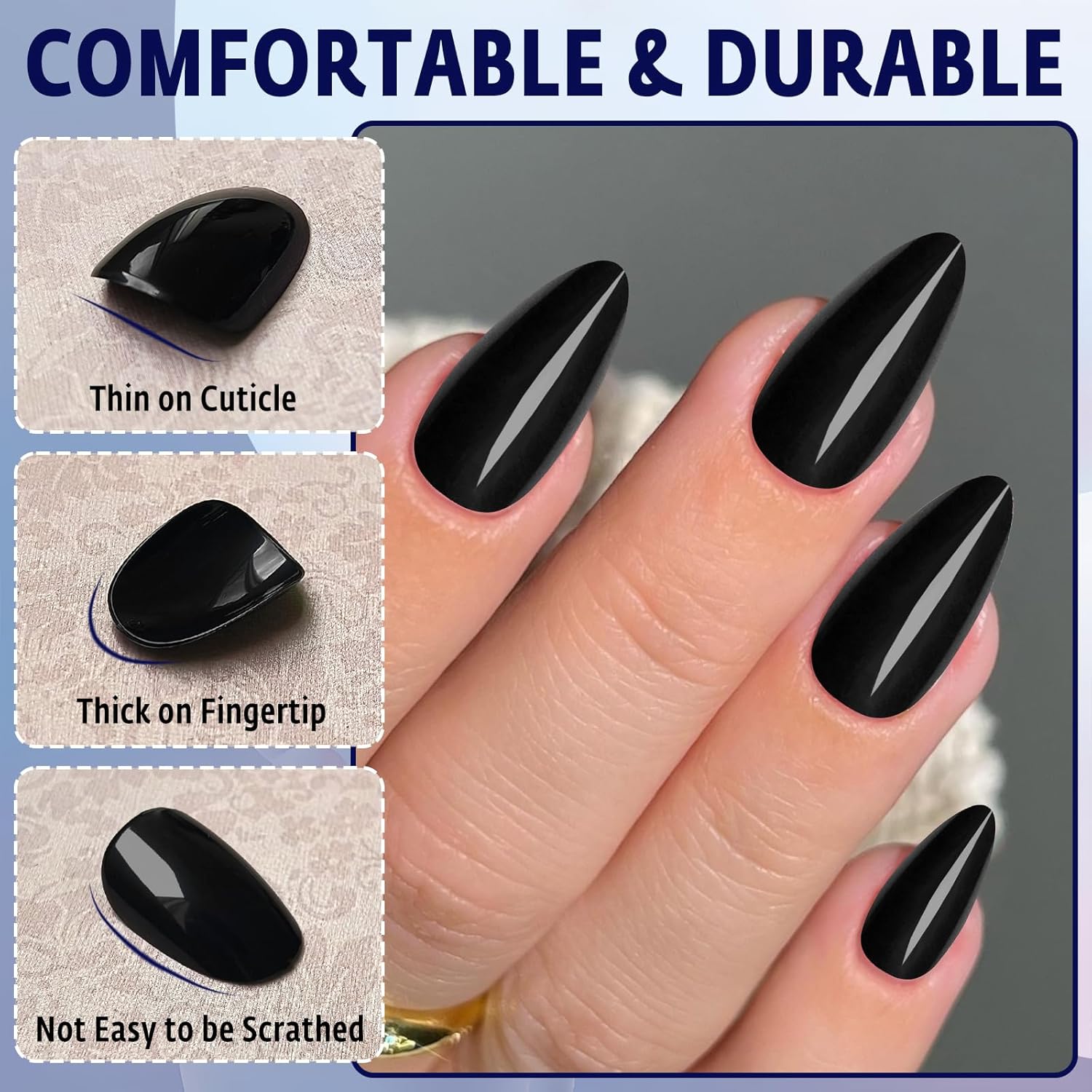 240 Piece Glossy Black Almond Shape Full Cover Acrylic Fake Nails for Women - Image 4
