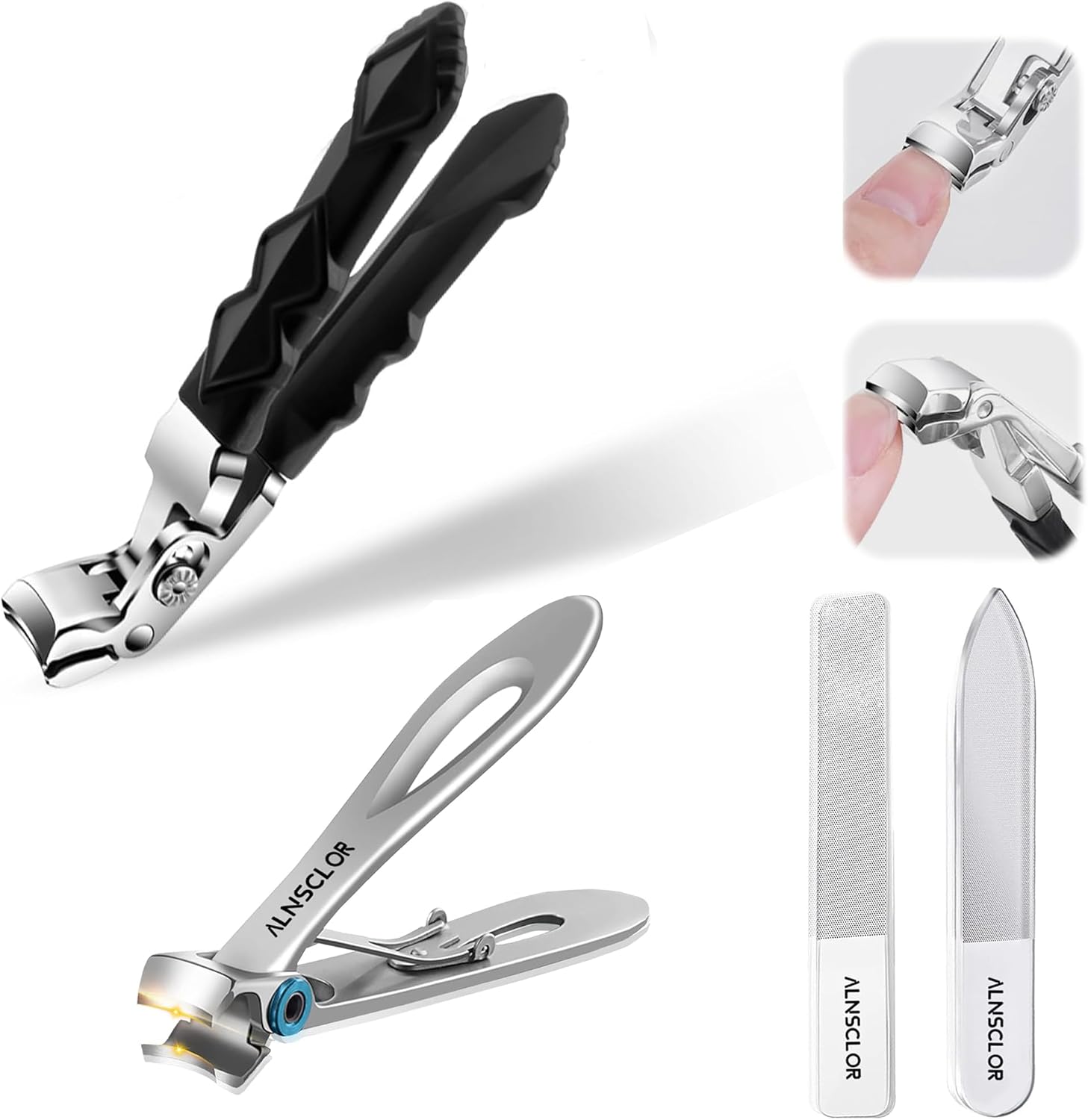 Toenail Clippers for Thick Nails, 2PCS Nail Clippers for Large Fingernail Toe Nail Clippers Adult Seniors Men Women with 2 Nano Nail Files (Black and Sliver)