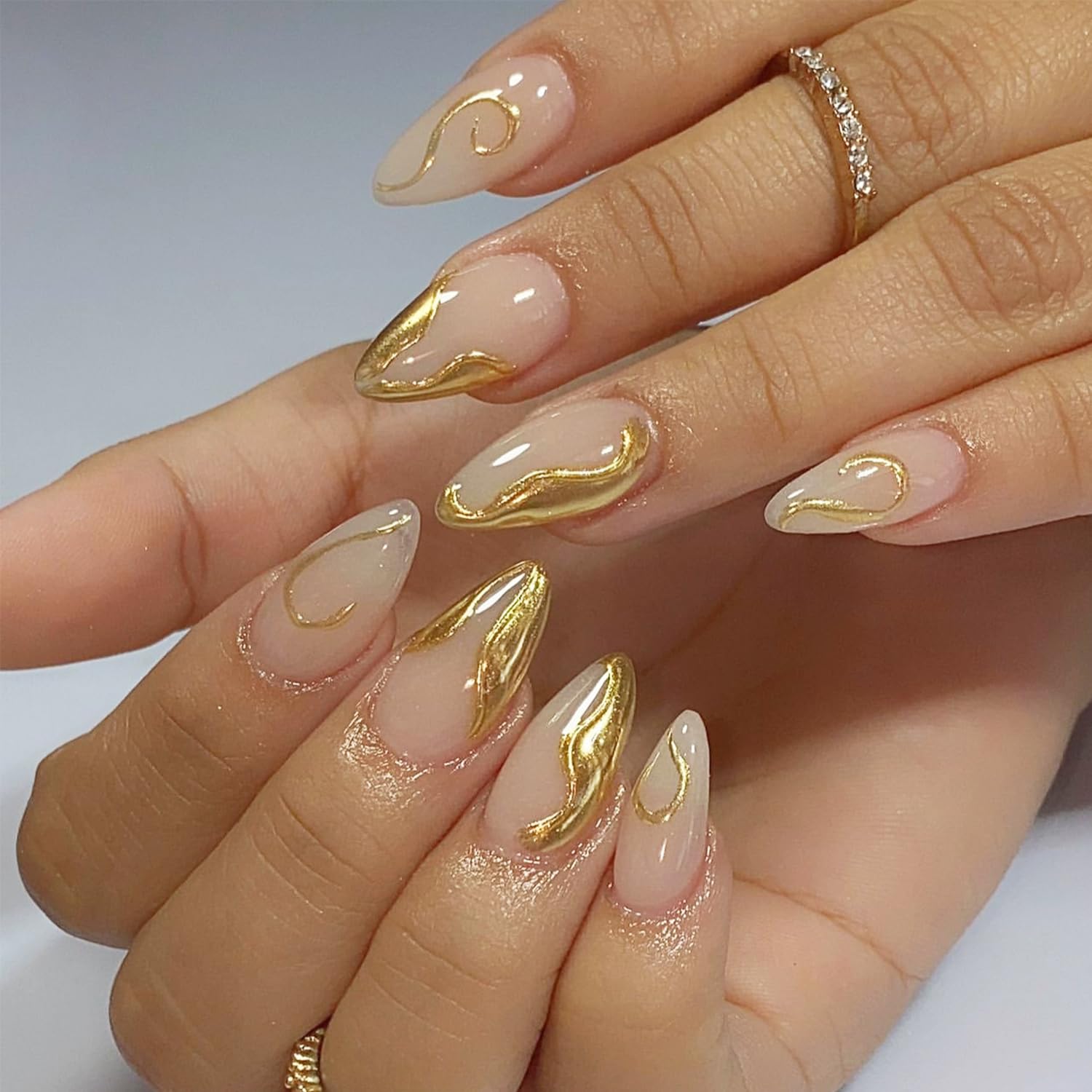 Almond Shaped Press on Nails Short Chrome Gold Fake Nails with Designs French Tip Acrylic Nails Micro Carved Gold Line Full Cover Artificial Stick on Nails Glossy Glue on Nails for Women Girls 24 Pcs