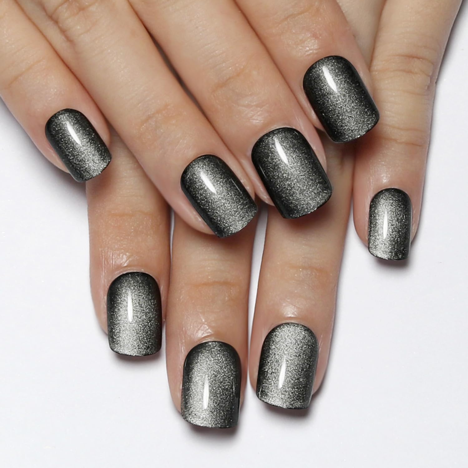 Dewy Gray-to-White Gradient Glossy Cat Eye Short Square Press On Nails Reusable Set - Image 2