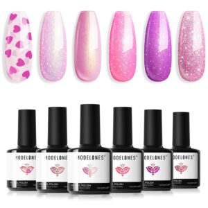 modelones Gel Nail Polish Set 6 Colors Pink Gel Polish Glitter Hot Pink Purple Shades Mermaid Love-heart Glitter Gel Polish Shimmer Galaxy Soak Off LED Pastel Summer Nail Art DIY Gift For Women Girl