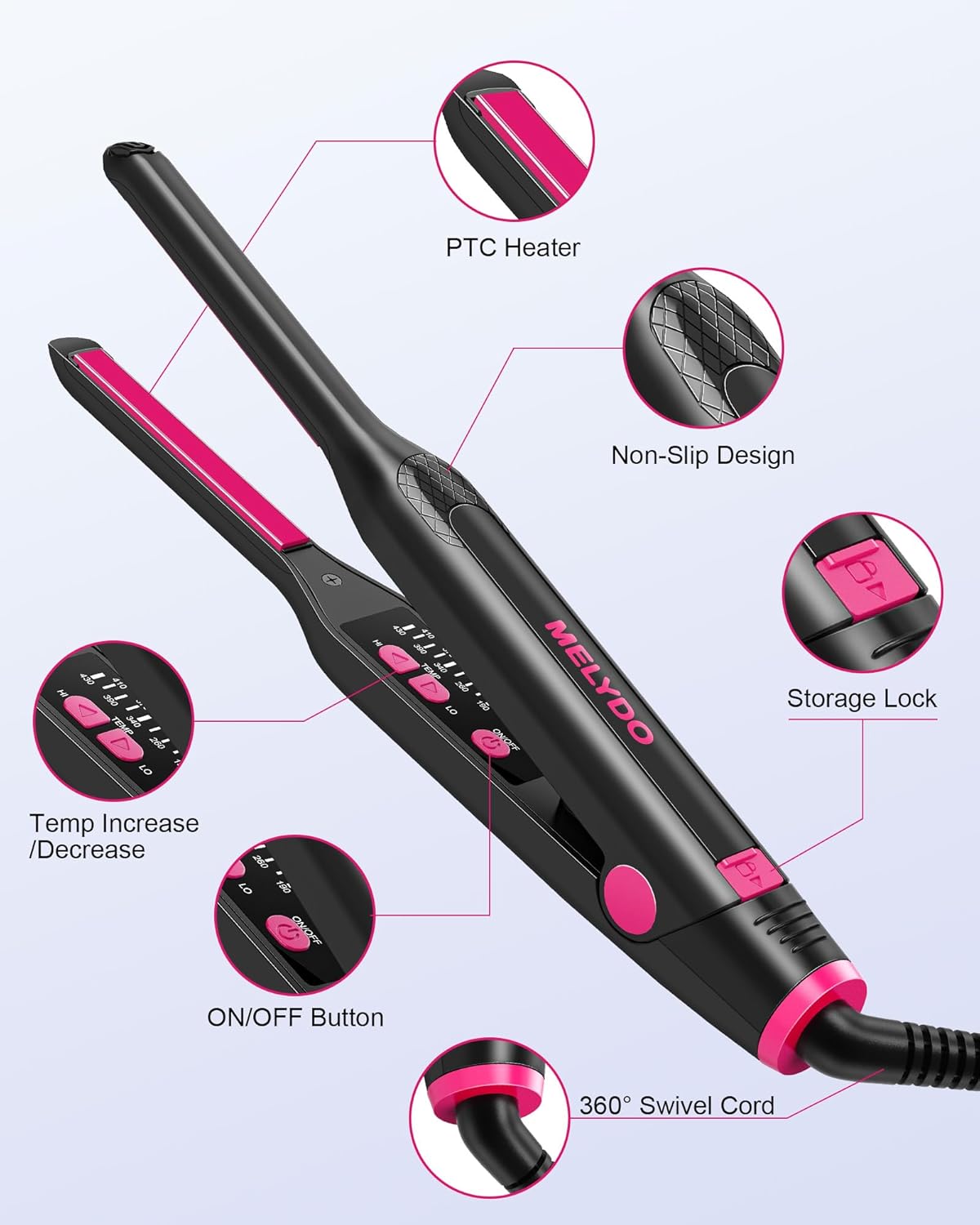 Mini Flat Iron 3/10 Inch for Short Hair, Adjustable Temperature, Auto Shut Off - Image 5